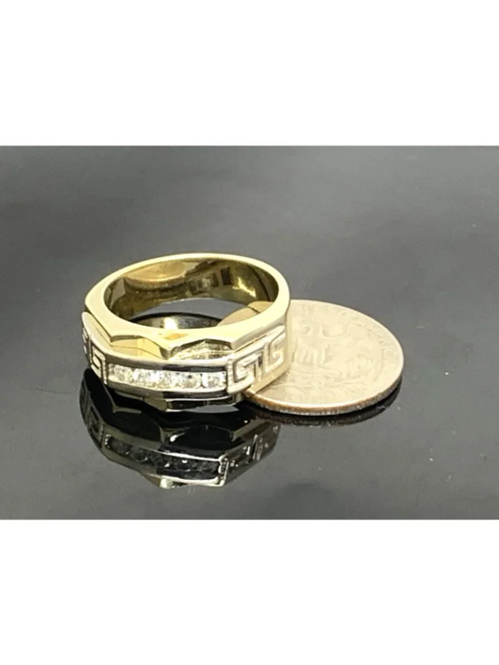 Men's Ring 14k Yellow Gold Diamond 0.25ctw Statement Greek Key Pattern Size 11.5